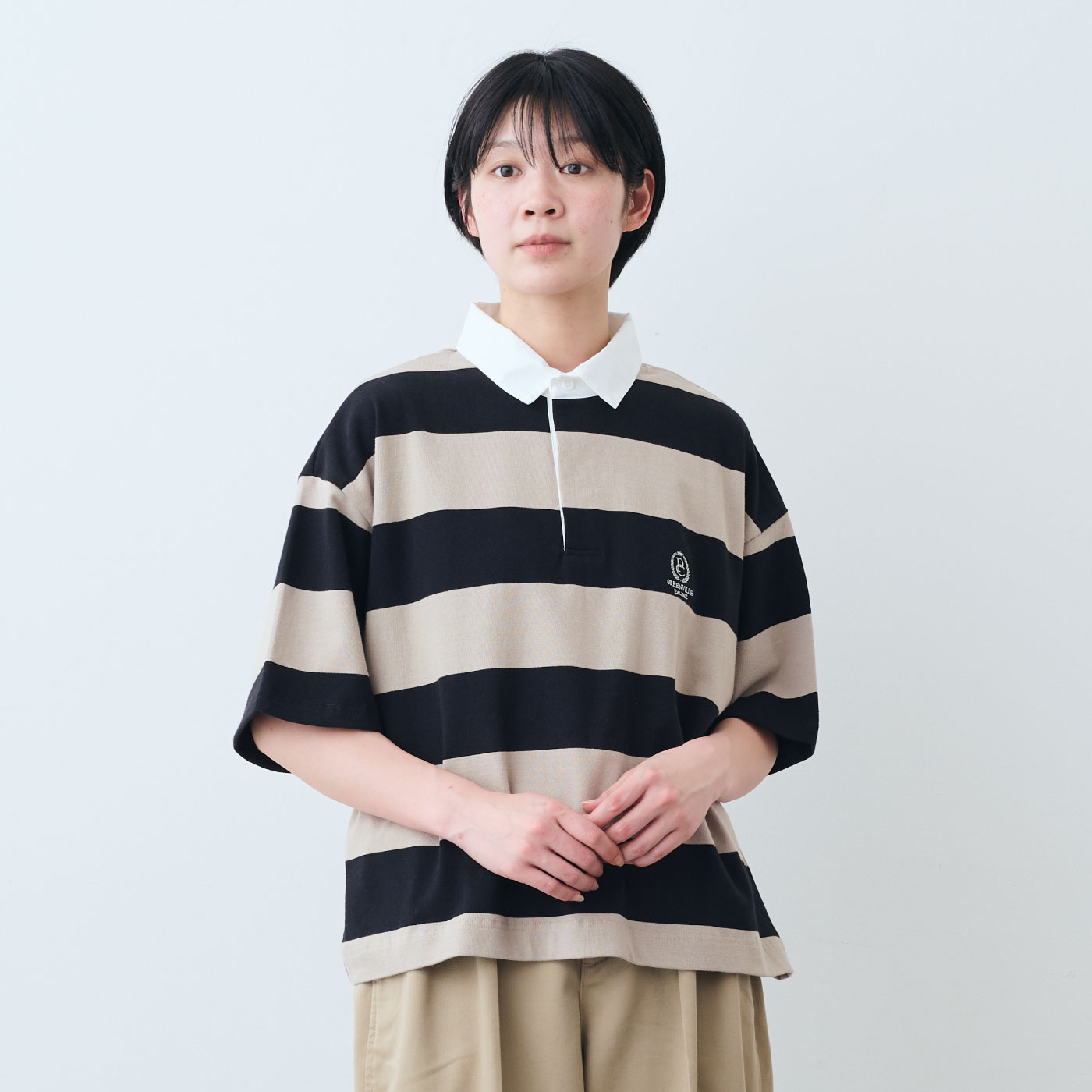 フェリシモファッションニュース|PARROTT CANVAS　CROPPED WIDE RUGGER SHIRT 〈BLACK&times;BEIGE〉